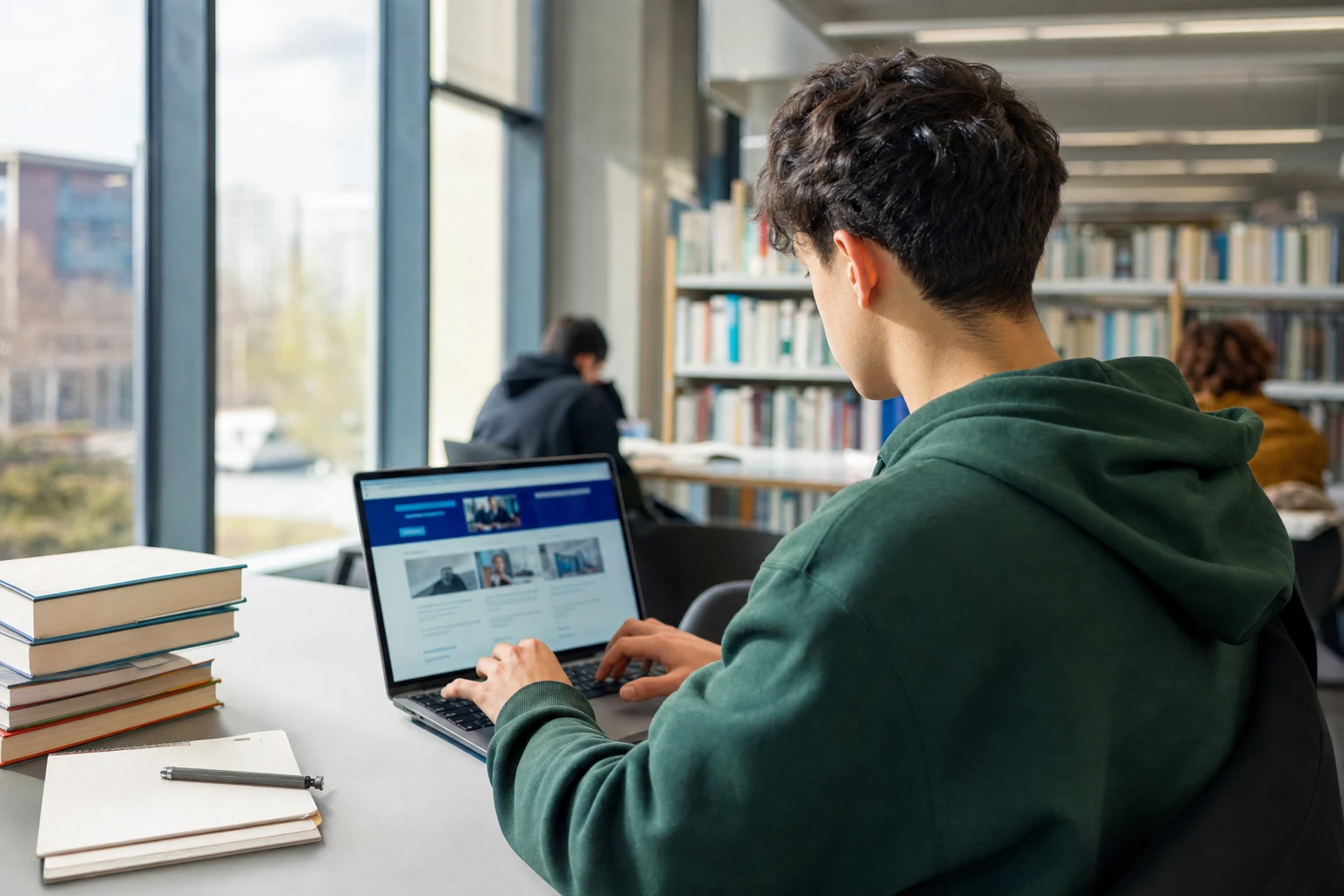 Étudiant se connectant au portail e-services de l'UHA sur son ordinateur portable en bibliothèque