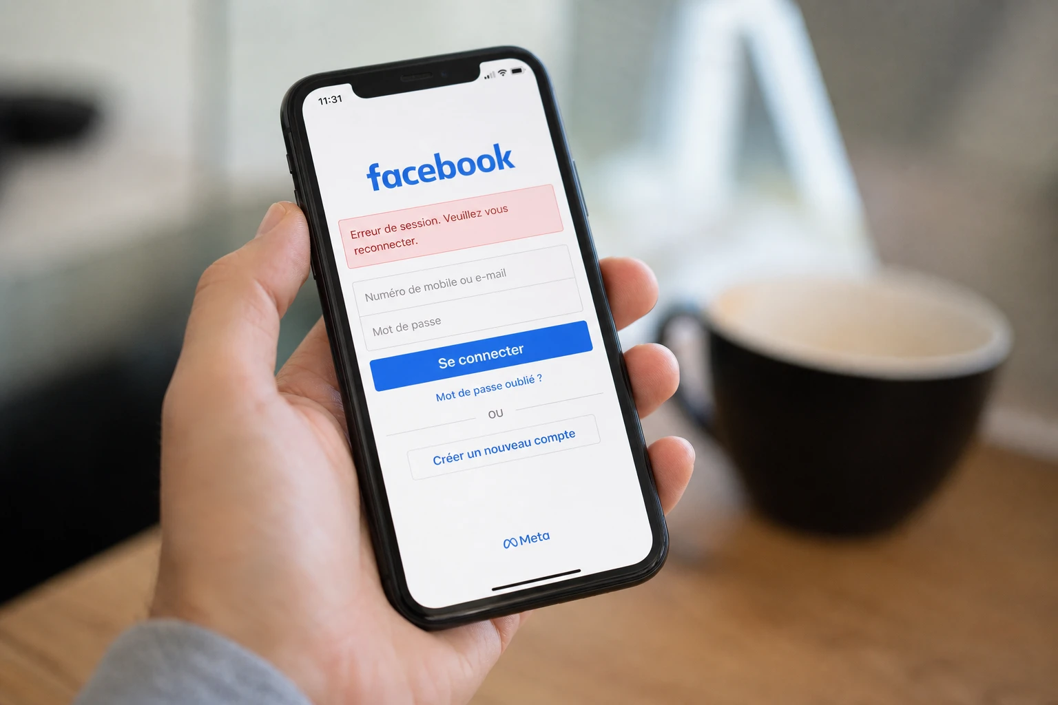 Smartphone affichant un message de session Facebook expirée sur fond de bureau