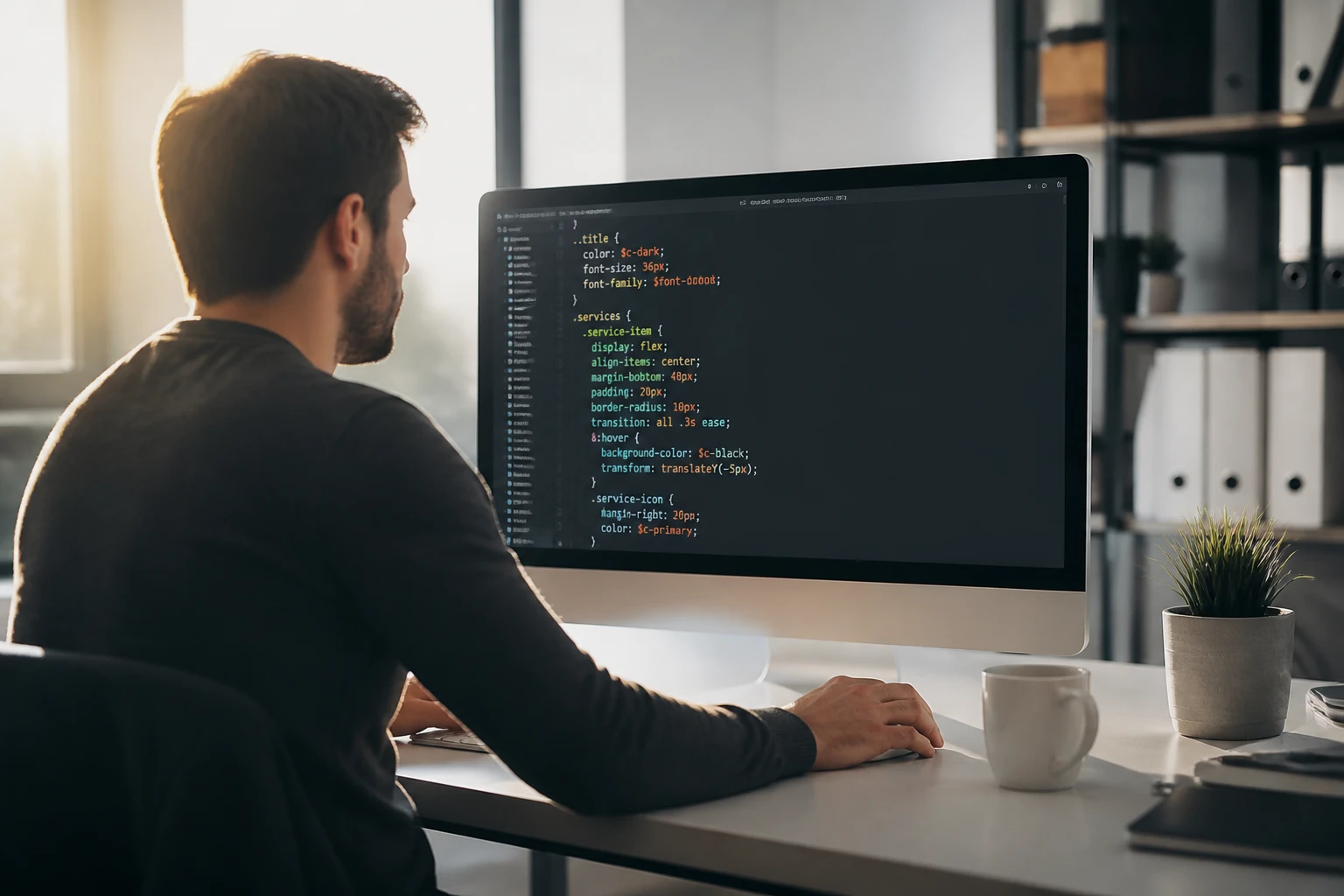Développeur travaillant sur du code CSS généré par IA sur son écran d'ordinateur