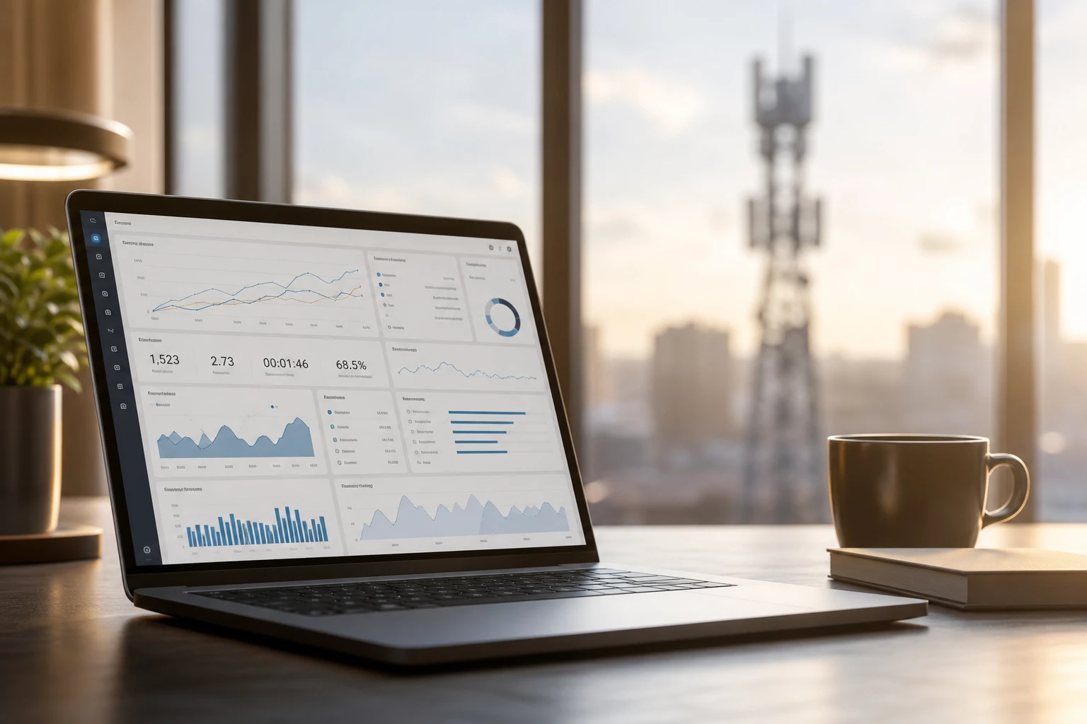 Ordinateur portable affichant des métriques de performance web avec une antenne 5G en arrière-plan