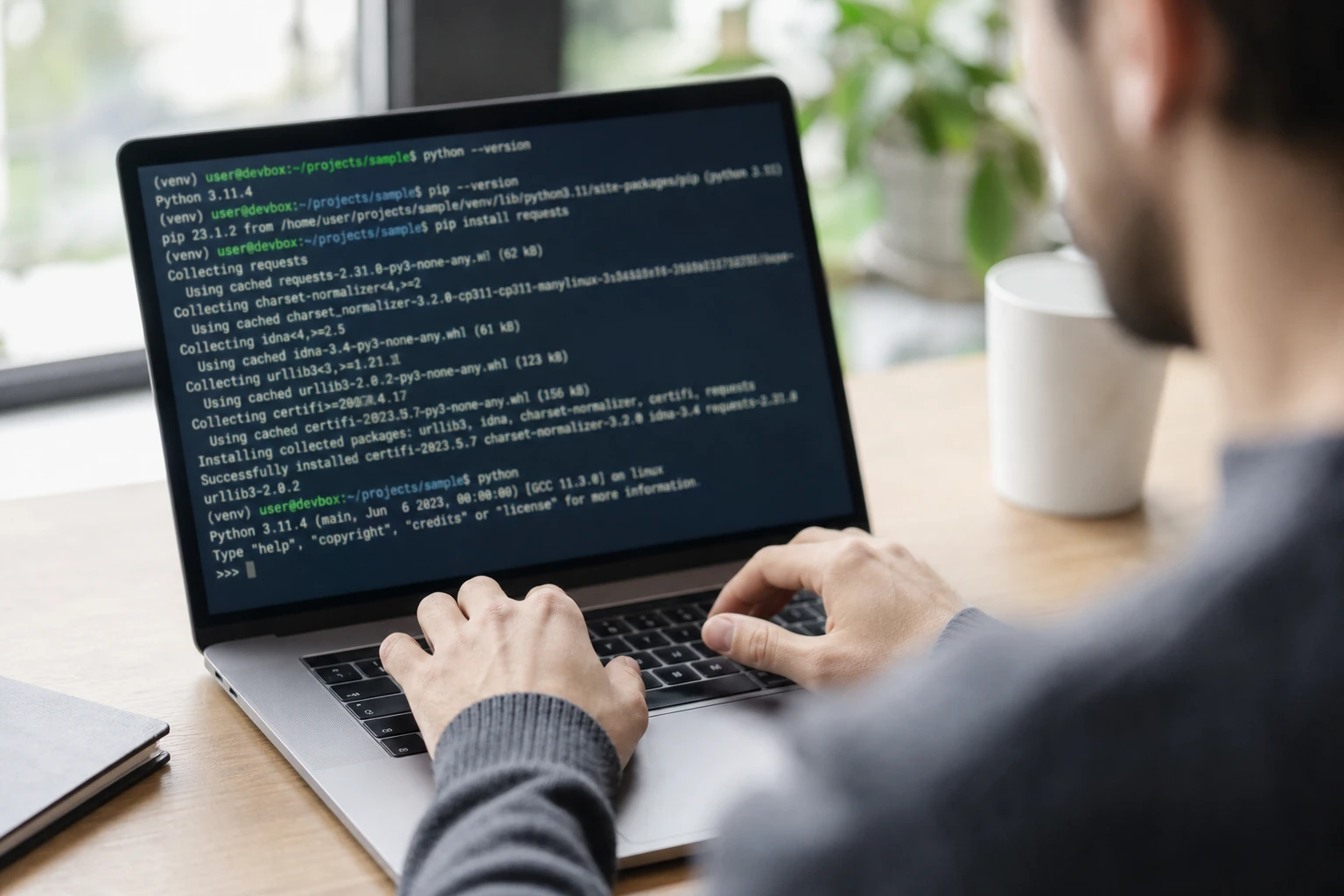 Terminal affichant l'installation de pip pour Python sur un ordinateur portable