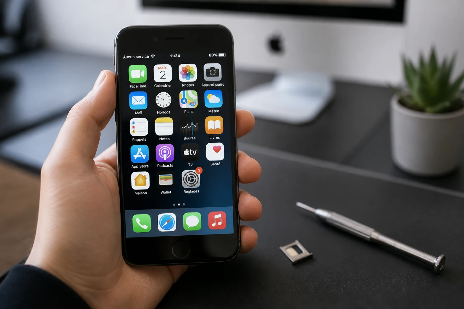 iPhone affichant Aucun service dans la barre d'état, tenu en main près d'outils de réparation