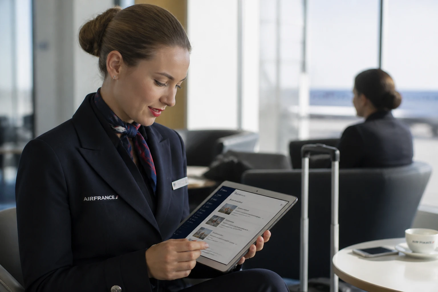 Hôtesse de l'air Air France consultant l'intranet IPN sur une tablette en salle d'équipage
