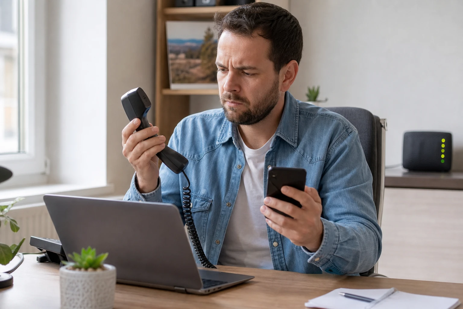 Homme vérifiant sa box internet après une coupure de sa ligne téléphonique fixe à domicile
