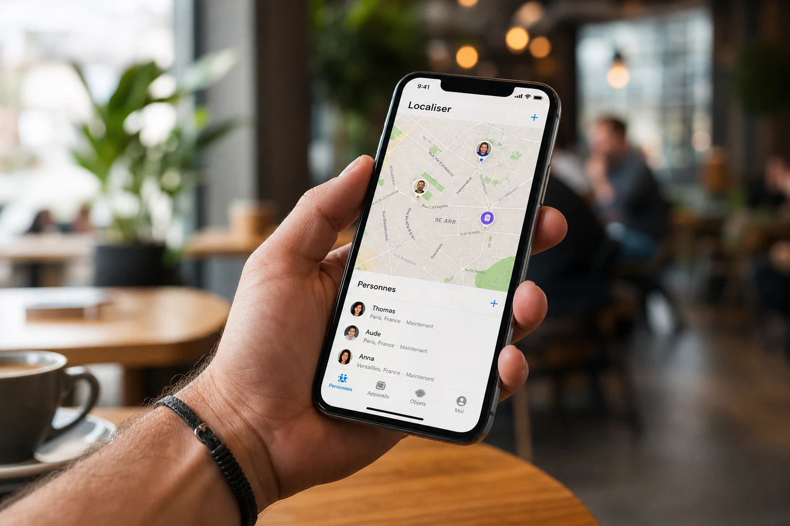 Main tenant un iPhone avec l'app Localiser ouverte affichant une carte et des positions de contacts