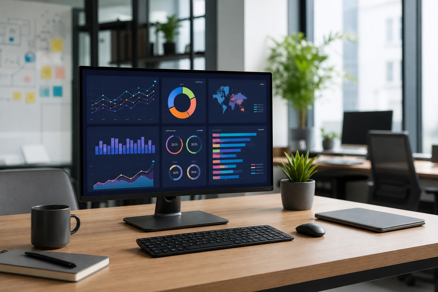 Écran d'ordinateur affichant un tableau de bord Looker Studio avec graphiques colorés sur un bureau moderne