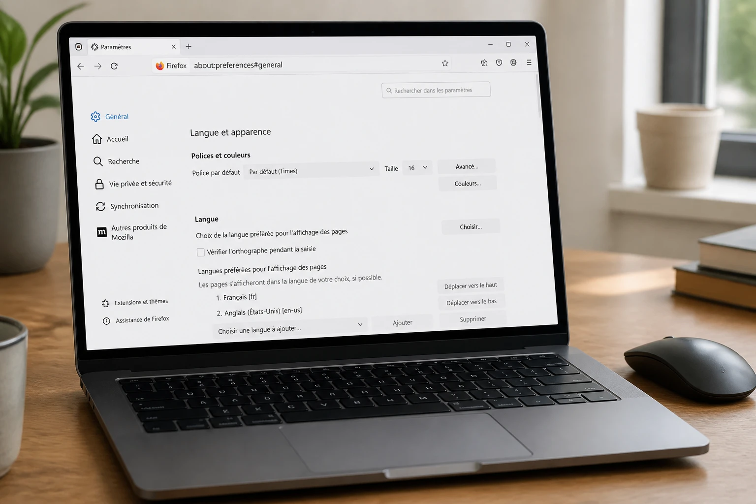 Écran d'ordinateur montrant les paramètres de langue de Firefox configurés en français