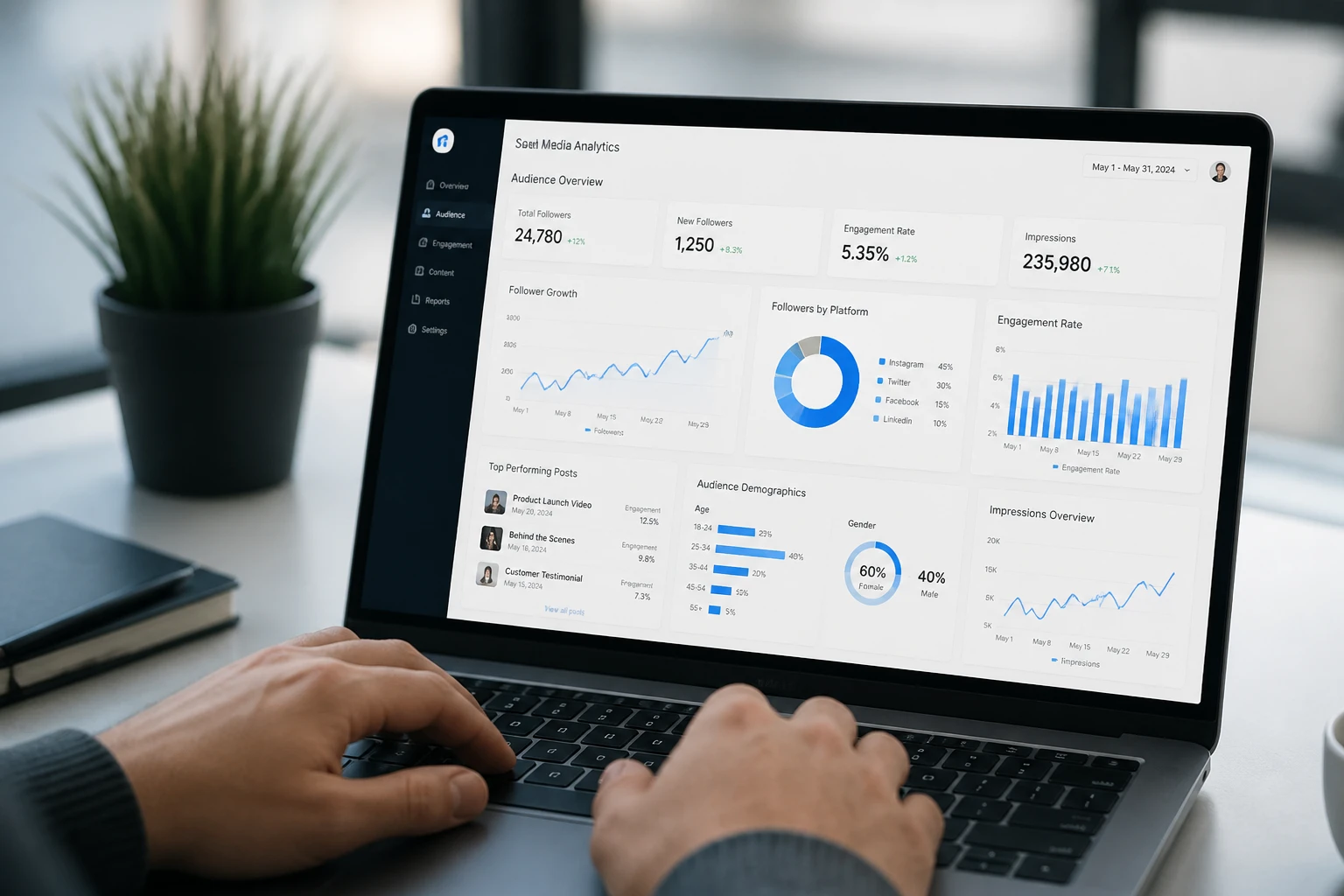 Écran affichant des graphiques d'analytique de réseaux sociaux type Social Blade