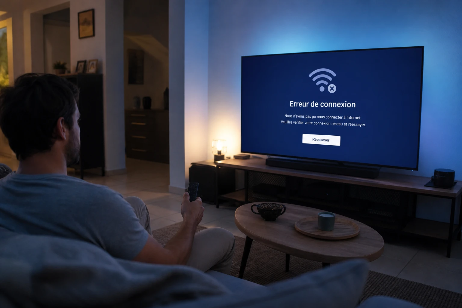Personne face à un téléviseur affichant une erreur de connexion dans un salon faiblement éclairé
