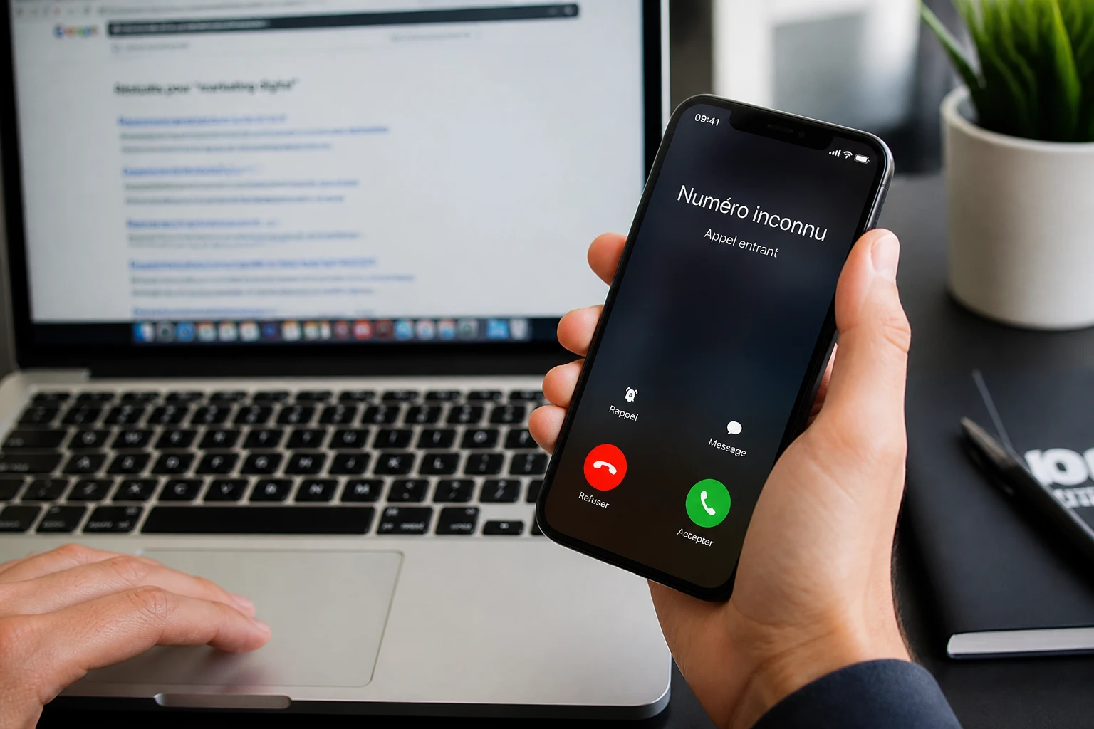 Personne consultant son smartphone pour identifier l'opérateur d'un numéro de téléphone inconnu