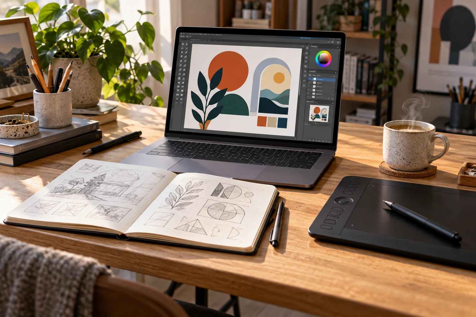Bureau de designer avec ordinateur affichant un logiciel de dessin vectoriel et une tablette graphique
