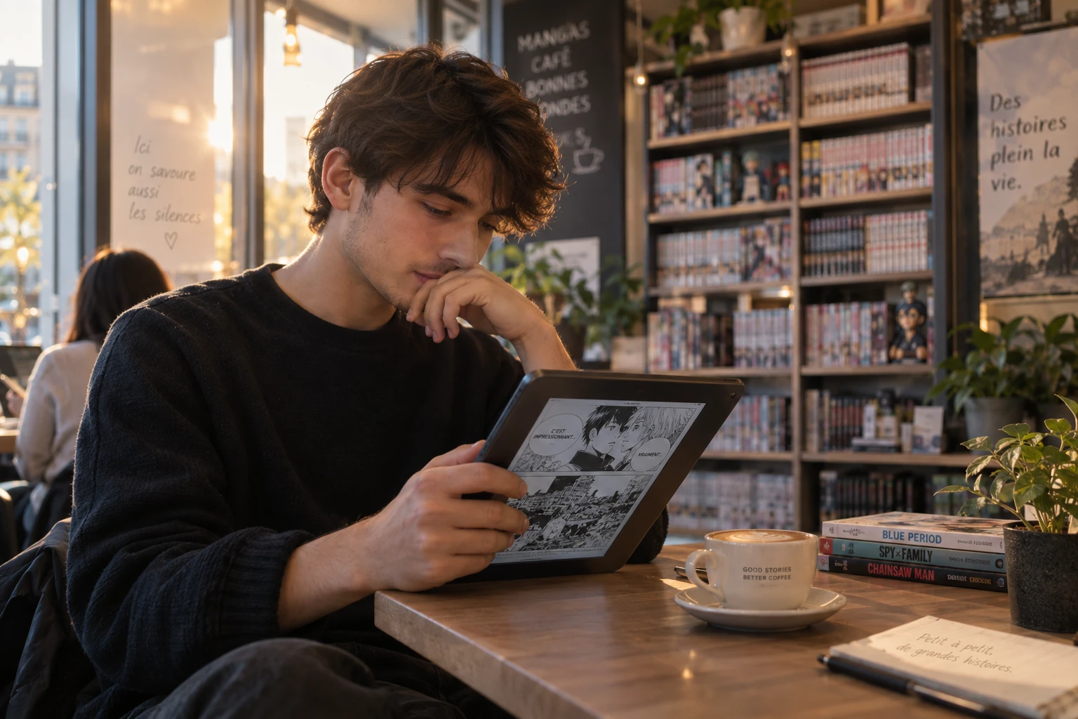 Jeune homme lisant un manga en ligne sur une tablette dans un café