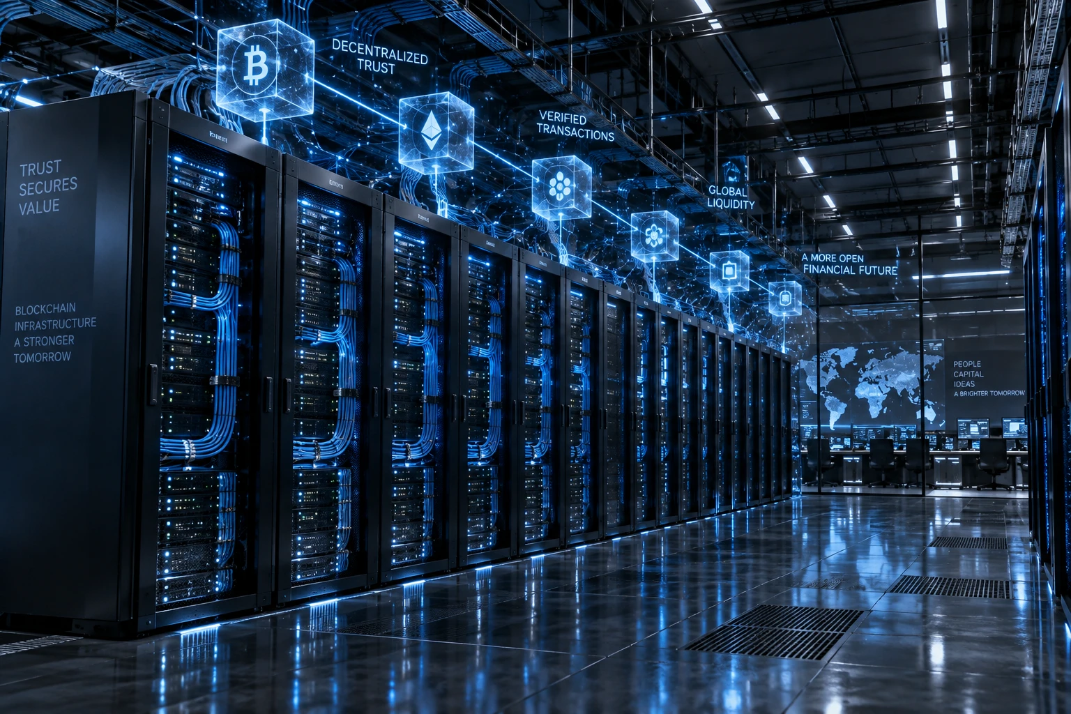 Salle de serveurs avec réseau de nœuds blockchain illustrant l'infrastructure décentralisée Ankr