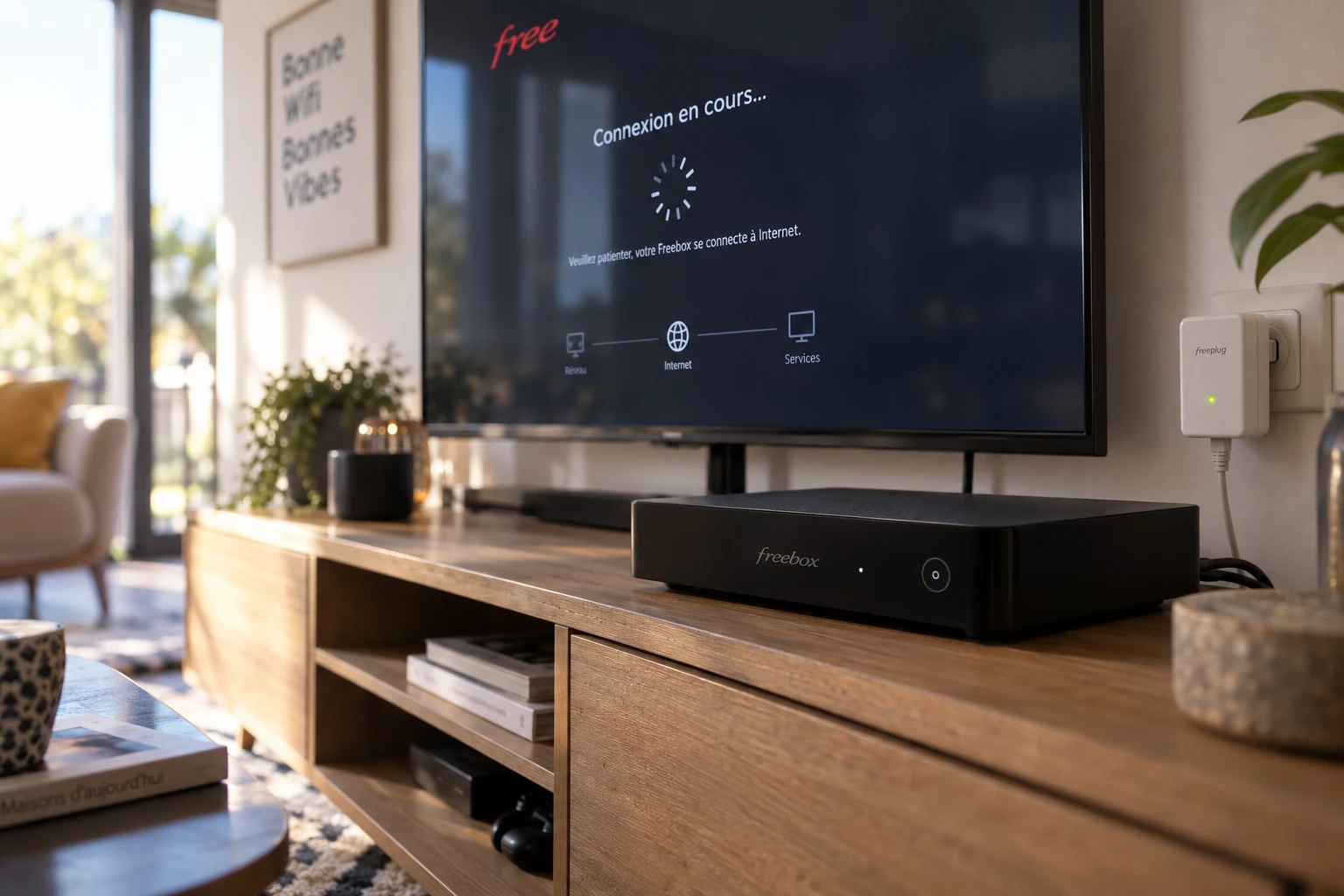 Boîtier Freebox Player devant une télévision bloquée sur l'écran d'association avec le serveur