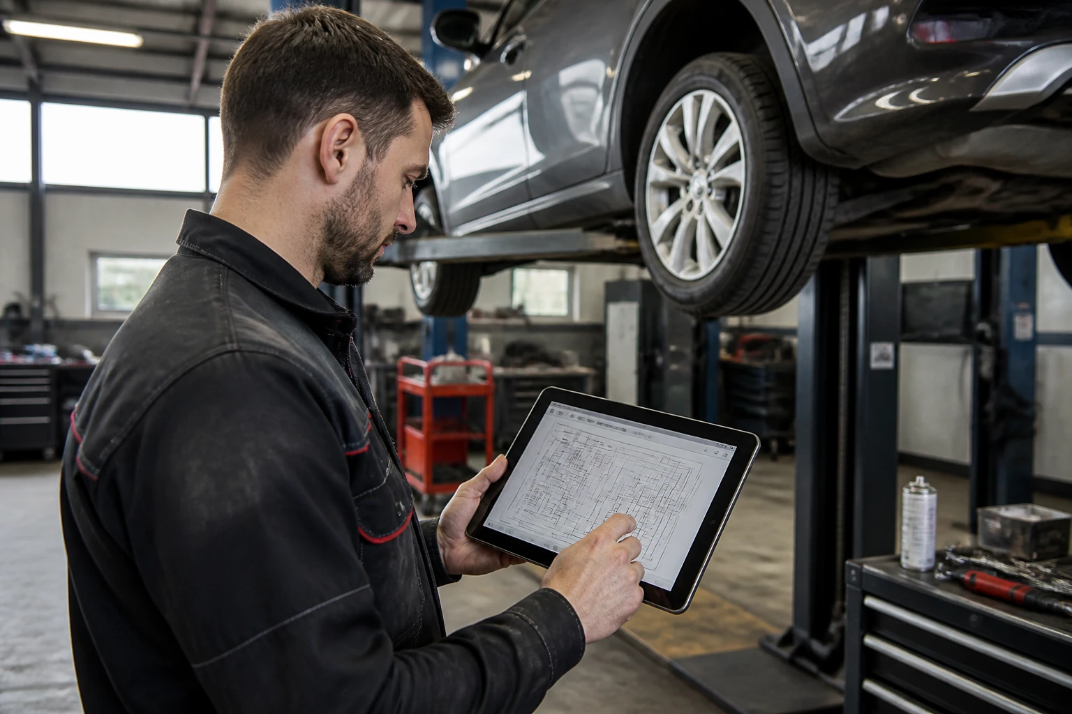 Mécanicien consultant un schéma électrique sur tablette dans un atelier automobile