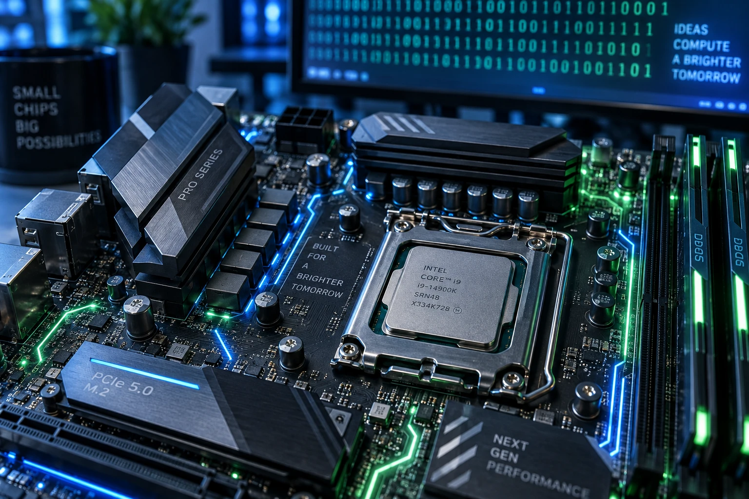 Circuit imprimé d'ordinateur avec code binaire affiché sur un écran en arrière-plan