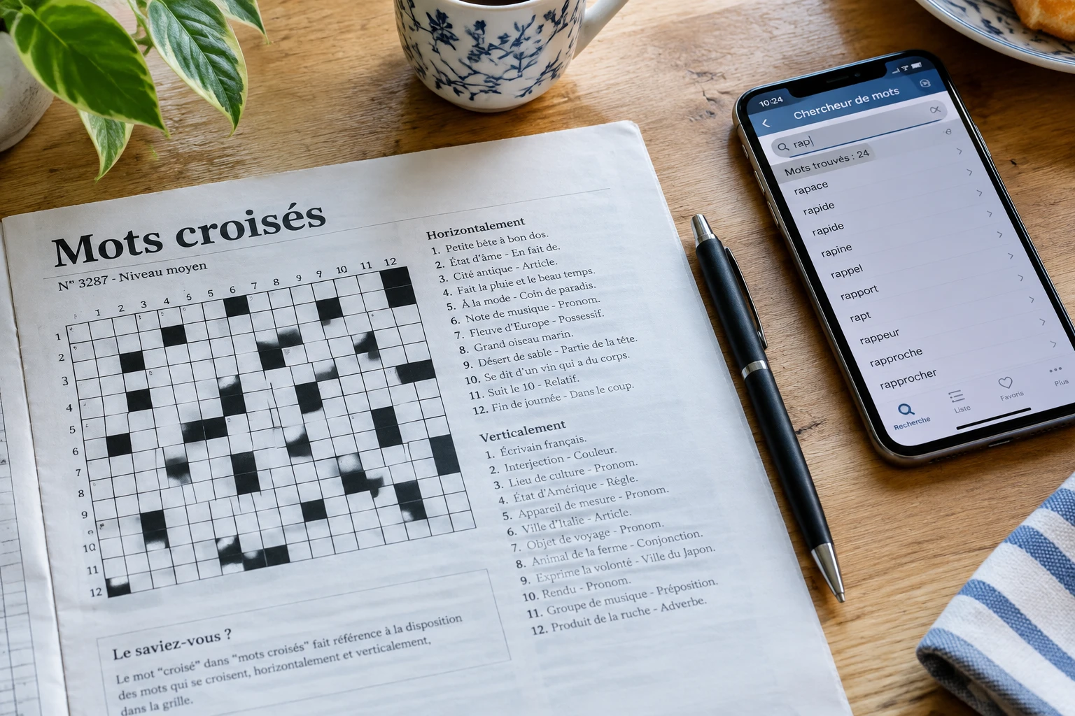 Grille de mots croisés sur une table avec un smartphone affichant une application de recherche de mots