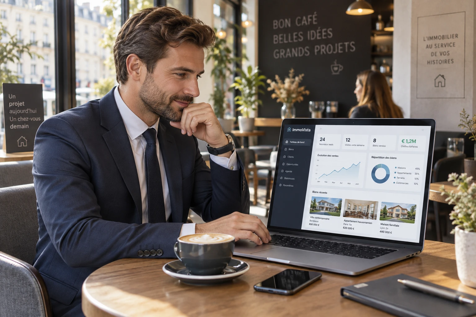 Conseiller immobilier consultant son espace Playiad sur ordinateur portable et smartphone dans un café