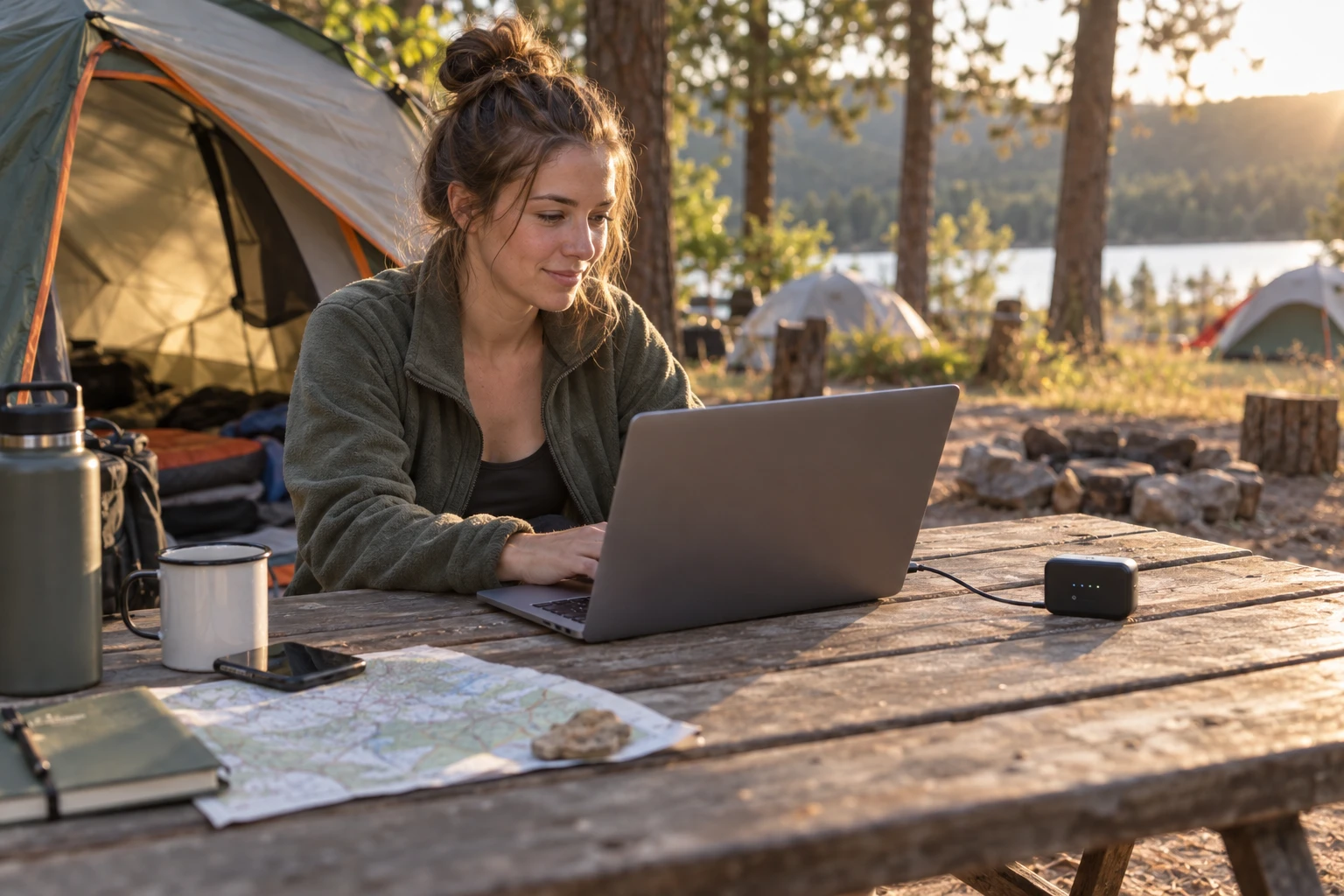 Femme travaillant sur un ordinateur portable connecté à un routeur 4G devant sa tente en camping