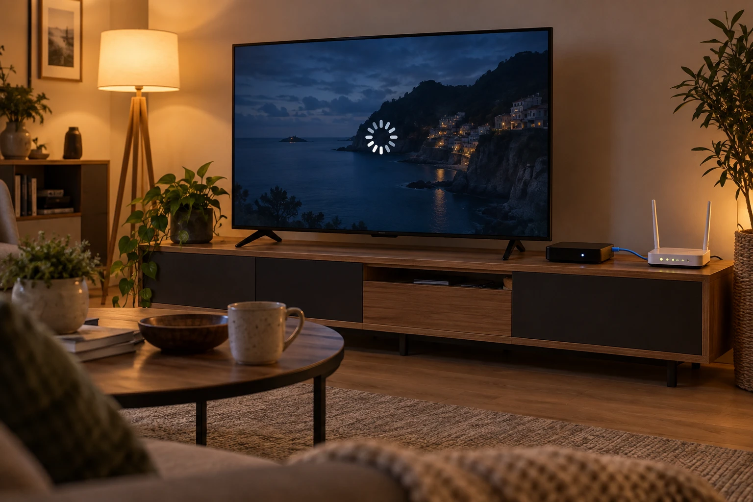 Téléviseur avec image figée, boîtier IPTV et routeur WiFi reliés par un câble Ethernet dans un salon