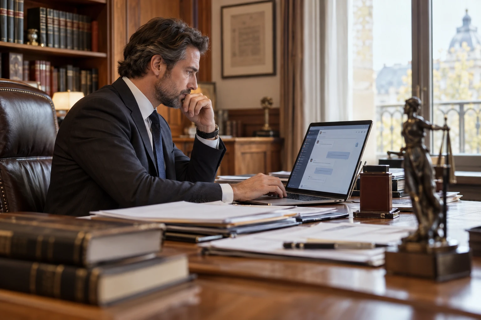 Avocat consultant un GPT juridique sur ordinateur portable dans son bureau entouré de dossiers